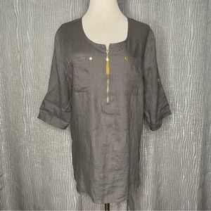 Ellen Tracy half zip roll tab linen top